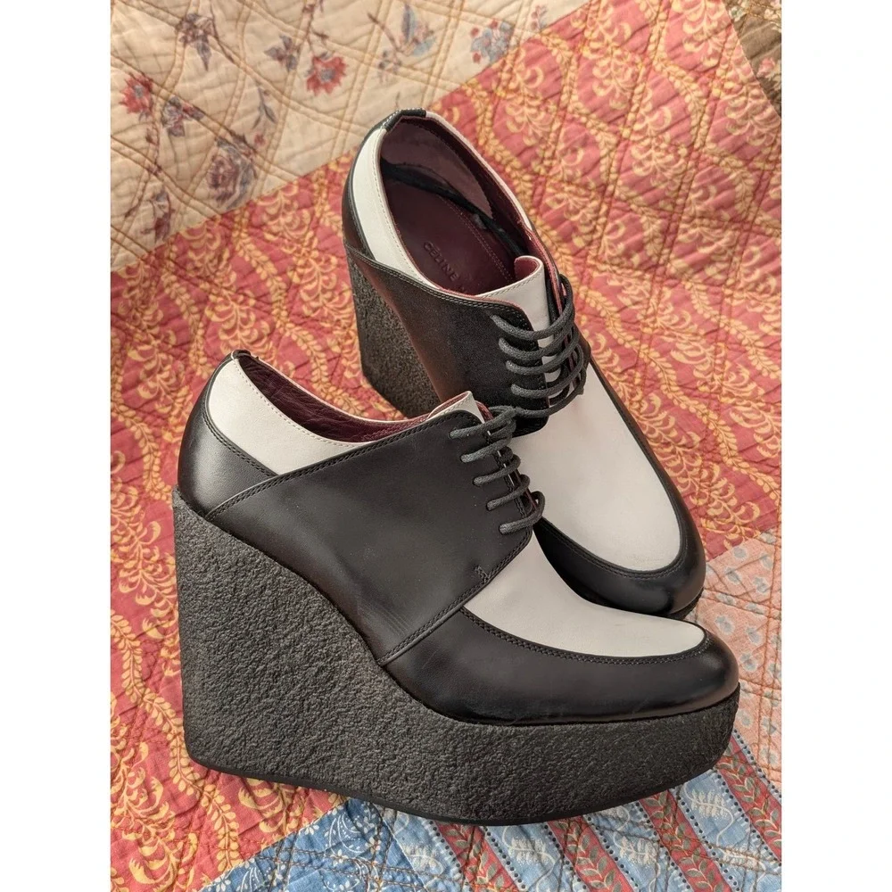 Celine Two Tone Platform Wedge Oxford Shoes Black White‎ Leather EU 36.5